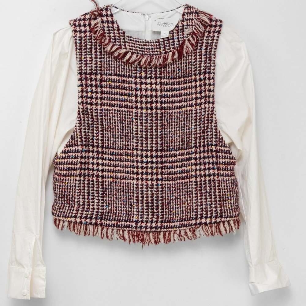 Anthropologie Mare Mare Quinn Tweed Top Dress Shirt Burgundy White Size Medium - Picture 2 of 6